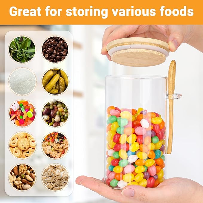 Glass Jars with Bamboo Lids and Spoon - 4 Pack 23 Fl.oz Glass Jars with Airtight Lids, Includes Labels and Marker, Pantry Canister for Cereal, Tea, Flour Sugar Coffee Containers