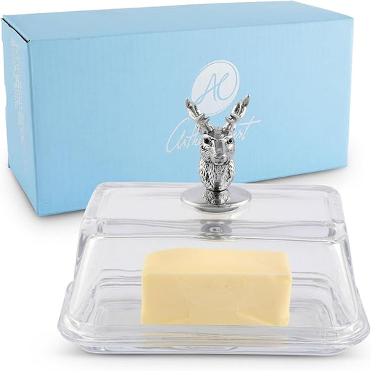 Arthur Court Glass Butter Dish with Lid Elk Head Knob | Classic 2-Piece Design Covered Butter Keeper | Covers and Holds a Standard Stick of Butter | Rustic Cabin Lodge Décor
