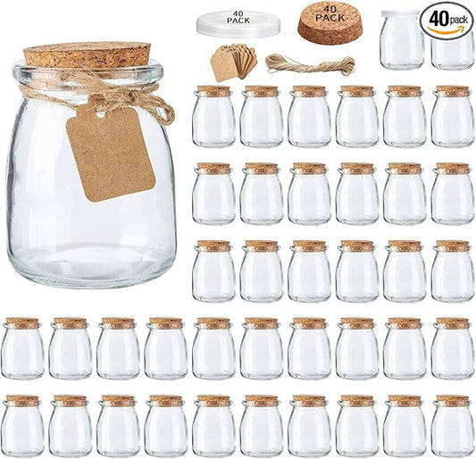 Glass Mini Yogurt Jars 40 Pack, 7 oz Favor Jars With Cork Lids, Pudding Containers, Mason Wedding Favors Honey Pot With Label Tags and String