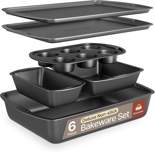 Bakken Swiss - Bakeware Set – 6 Piece – Stackable, Deluxe, Non-Stick Baking Pans for Professional and Home Cooking – Carbon Steel, Gray Coating