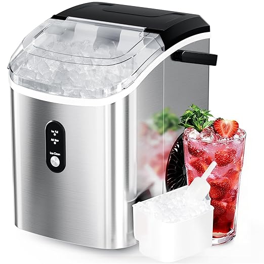 Antarctic Star Nugget Ice Maker Countertop, 34 lbs/Day Pellet Ice Machine with Self-Cleaning, Fast Ice Ready in 10 Minutes, Portable Ice Maker with Handle for Home, Office(Stainless Steel Silver)