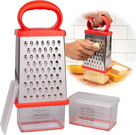 Box Cheese 4-Sided Grater w 2 Attachable Storage Containers w Lids- Mess-Free Shredder & Slicing - Stainless Steel, Soft Grip Handle, Non-Slip Base, Built-In Measurements- Thanksgiving Kitchen Gadget