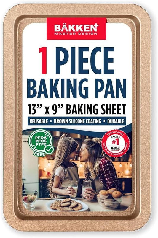 BAKKEN Kitchen Baking Pans - Nonstick Brown Coating, 13.18’’ × 8.66’’ Commercial Grade Carbon Steel Cookie Sheet, Baking Kitchen Essentials, PFOA, PFOS, PTFE Free, Oven Safe Tray (450° F), Brown