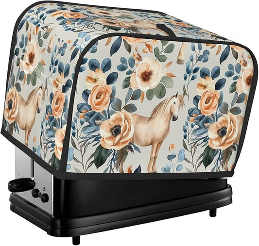 Beige Flower Horses Toaster Cover 2 Slice, Cute Rural Bread Machine Cover, Washable Dust-Proof Cover for Kitchen Small Appliance Cover,with Top Handle