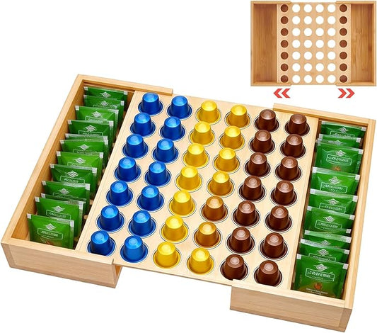 Bamboo Coffee Pod Holder Drawer, 11.85x12.6x2.42Inch Tea Bags Storage Organizer Holder 42 Pod Capacity for Coffee Station Home Office and Kitchen