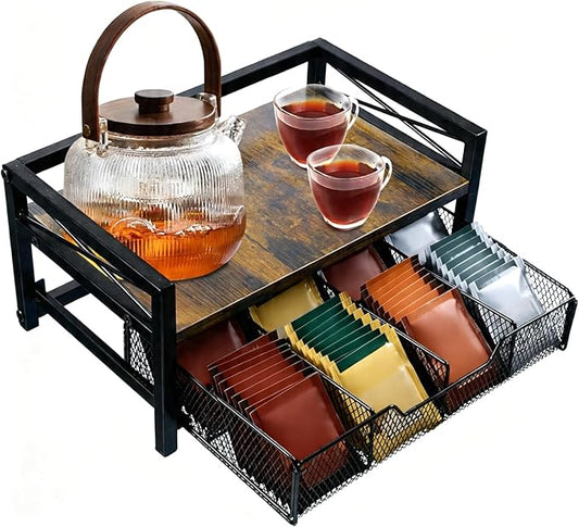 NANXITU Tea Holder Organizer,Wood Tea Box Organizer Storage Box,Tea Caddy for Tea Bags Organizer Drawer,with 8 Compartments Multi-Functional Tea Station Chest for Countertop