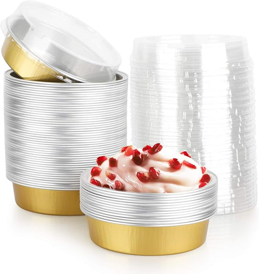 Beasea Disposable Pie Tins 4 Inch, 50 Pack Mini Tart Pans with Lids, 8 Oz Golden Aluminum Pie Pan Tin Tart Pans Round Oven Baking Mini Cake Pan for Pie Tart Quiche