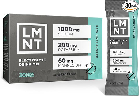 LMNT Zero Sugar Electrolytes - Raw Unflavored Salt | Drink Mix | 30-Count