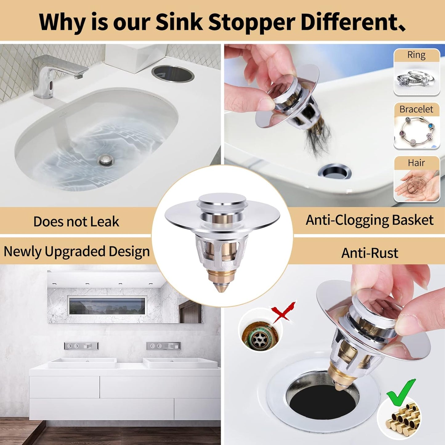 U.S. Standard Bathroom Sink Stopper 1.1"-1.5", Stainless Steel Universal Pop Up Drain Stopper for Bathroom Sink, Universal Drain Filter Drain Plug with Spring Core Push Type Converte