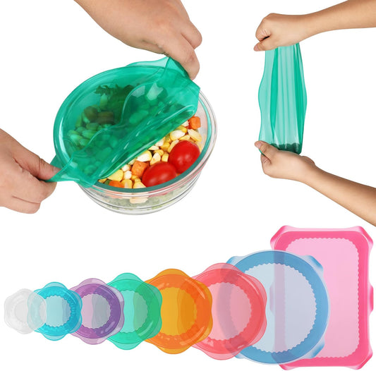Silicone Stretch Lids for Food Storage in Fridge, Reusable Elastic Bowl Covers for Cup, Cans, Jars, Round & Rectangle Container, Food Grade Silicone Microwave Food Cover, Heat-Resistant, 8PCS