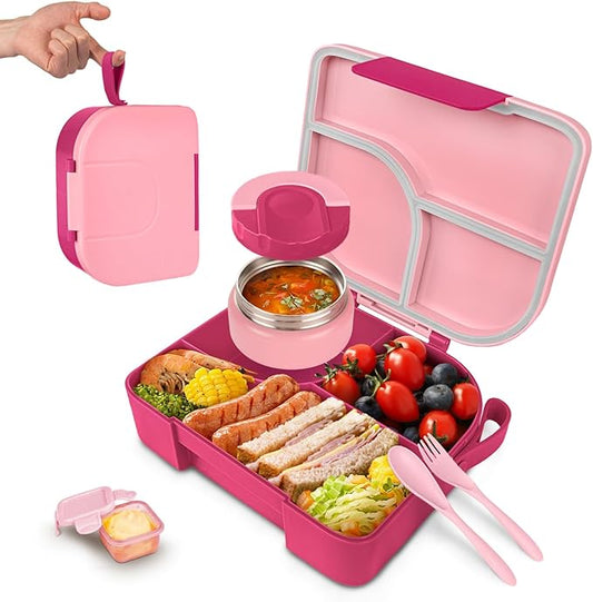TinyPalsa Bento Box for Kids with 10oz Thermos, Durable Lunch Box with Leak Proof Insulated Food Jar, 3 Compartments with Portable Handle for Ages 3+, Dishwasher Safe, Ideal for School, Travel (Pink)