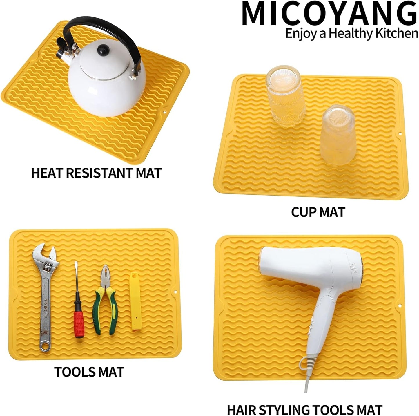 Silicone Dish Drying Mat for Multiple Usage,Easy clean,Eco-friendly,Heat-resistant Silicone Mat for Kitchen Counter or Sink,Refrigerator or drawer liner Yellow L 16 inches x 12 inches