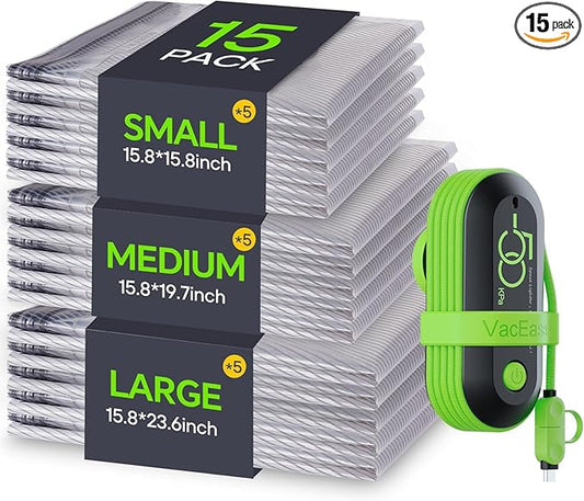 Vacuum Bags for Travel with USB Electric Pump, 15 Pack Carry-on Size Compression Packing for Luggage and Suitcase, Space Saver Bags for Clothes and Clothing Travel