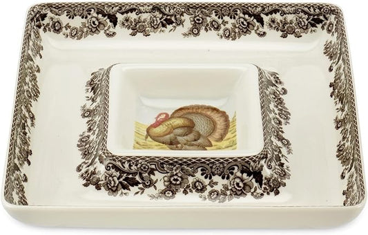 Spode Woodland 12" Square Chip and Dip - Turkey Centerpiece Serving Dish, Fine Porcelain Holiday Serveware, Thanksgiving Platter for Chips, Crudités, Shrimp - Dishwasher, Microwave Safe