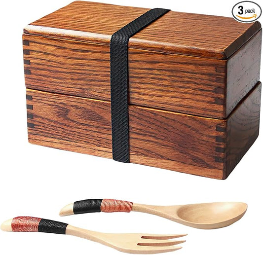 AOOSY Wood Bento Box, Lunch boxes, Japanese Traditional Natural Square Wooden Lunch Containers Women's Men's Adult Wood Bento Box with Spoon Fork kit