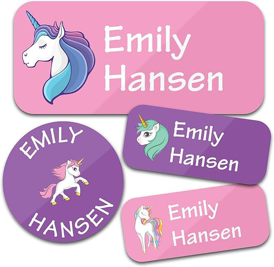 Personalized Daycare Name Labels for Kids (130 Labels) - Custom Waterproof Name Stickers for Clothing Tags, Water Bottles, Lunch Boxes and School Supplies (Unicorns)