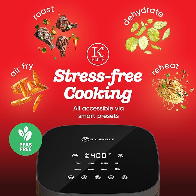 Kitchen Elite Digital Air Fryer Oven with Viewing Window and 8 Presets, 4 Quart, Touchscreen Cooker, Precise Temp Control, Elegant Gray