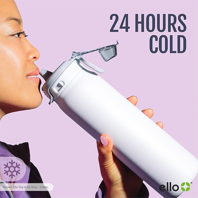 Ello Pop & Fill 32oz Stainless Steel Water Bottle with QuickFill Technology, Double Walled and Vacuum Insulated Metal, Leak Proof Locking Lid, Straw and Chug, Reusable, BPA Free, Take a Bow
