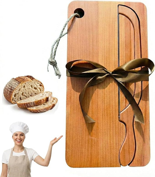 Bow Knife and Board Set, Wooden Bread Slicer with Crumb Tray, Ambidextrous Left & Right Handed, No-Crush Cutting for Sourdough & Bagels, 10 Inch Stainless Steel Blade, Rustic Gift(Pine wood)