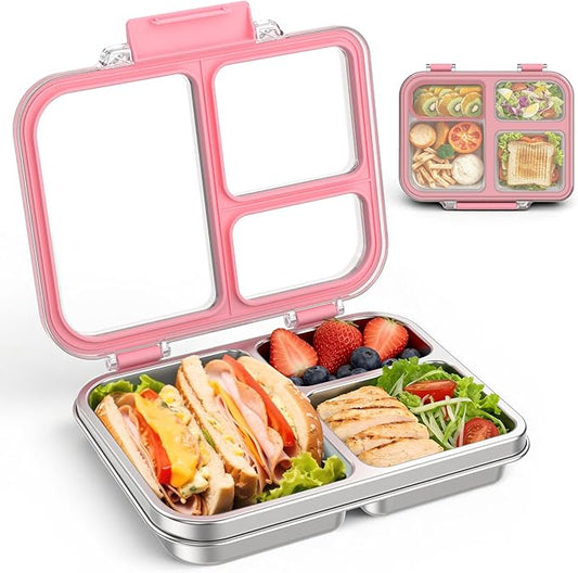 BABHAMNESS Stainless Steel Bento Lunch Box for Kids Adults, 3 Compartments Metal Bento Box with Transparent Lid & Silicone Container for Kids,Dishwasher-Safe,School & Travel,BPA-Free(Pink)