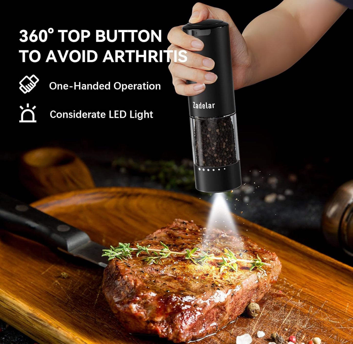 Electric Rechargeable Salt and Pepper Grinder Set,Automatic Pepper Mill Grinder with USB C Charging Dock,Upgraded 95ml Large Capacity,Adjustable Coarseness,LED Light,High-end Black