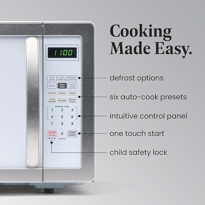Farberware 1.1 Cu. Ft. Countertop Microwave Oven – 1000 Watts Power, Auto Cook Settings, Defrost, Easy Clean and Child Safety Lock - White Platinum