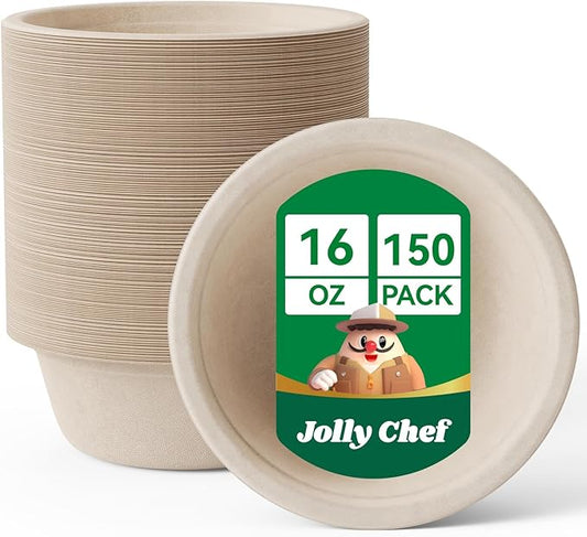 JOLLY CHEF Compostable Disposable Paper Bowl [16 oz] Heavy Duty Soup Containers [150 Pack] Biodegradable Bagasse Hot Cold Eco-Friendly Natural Sugarcane Microwavable Bowls for Thanksgiving Day