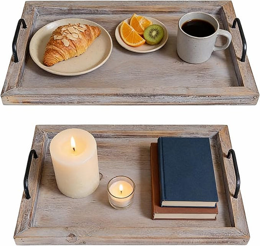 Besti Rustic Vintage Food Serving Trays (Set of 2) | Nesting Wooden Board with Metal Handles | Stylish Farmhouse Decor Serving Platters | Large: 15 x2 x11” - Small: 13 x2 x9” inches (Rustic)
