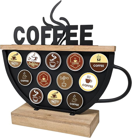 Black Coffee Pod Holder compatible with K-Cups – Metal & Wood Coffee Bar Functional Décor, Café Station Countertop Storage, Space-Saving Coffee Rack, Great Gift for Coffee Lovers, Home, Office, Café