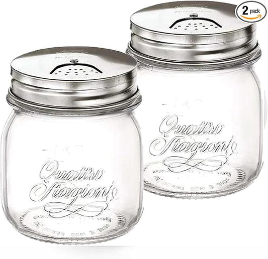 Bormioli Rocco Quattro Stagioni Spice Jar Set - 8.5 Oz, Durable Glass Mason Jars with Multi-Function Rotatable Lids, Stainless Steel Tops for Salt & Pepper - Made in Italy, Glass Spice Jars