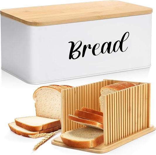 Bread Box with Bread Slicer Storage Container for Kitchen Countertop Food Storage with Multifunction Bamboo Lid, 3 in 1 Breadbox Removable Cut Board for Loaf Slicing (White,Wood, Metal,Bamboo)