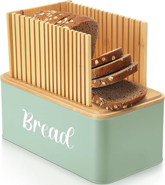 Bread Box with Bread Slicer Storage Container for Kitchen Countertop Food Storage with Multifunction Bamboo Lid, 3 in 1 Breadbox Removable Cut Board for Loaf Slicing(Green,Wood,Metal,Bamboo)