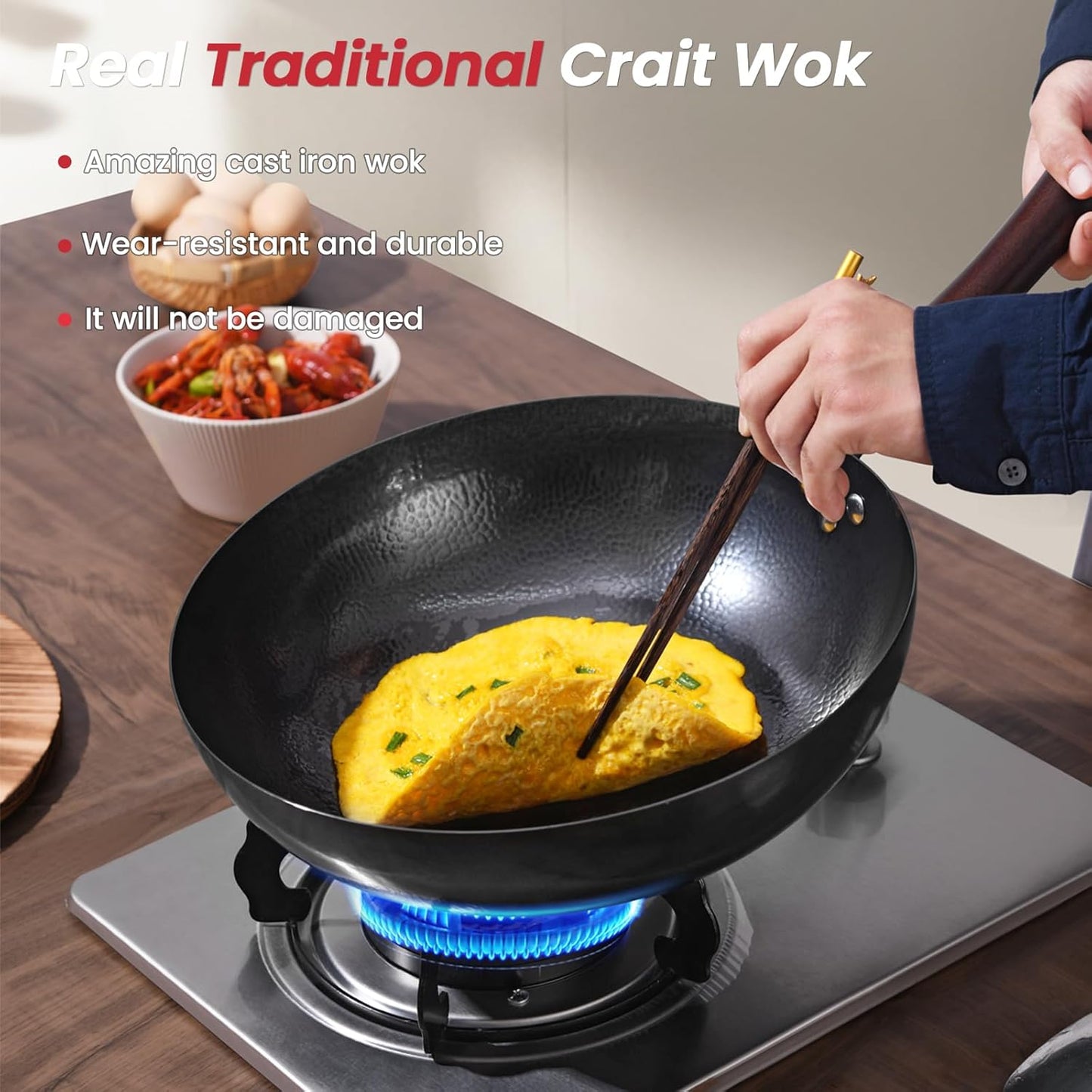 Carbon Steel Pan, 13.5″ Woks & Stir-Fry Pans with Wooden Lid Cookwares, Nonstick Wok, No Chemical Coated Flat Bottom Hand Hammered Chinese Wok For Gas