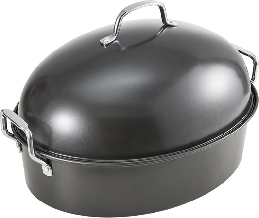 KITESSENSU Extra Large Roasting Pan with Lid - Nonstick Turkey Roaster with Rack 18 x 14 Inch - Heavy Duty Covered Roasting Pot for Oven, Dishwasher Safe, Gray