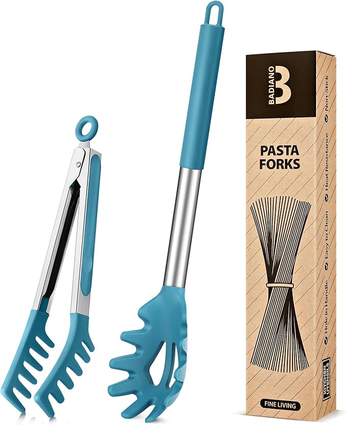 Silicone Spaghetti Spoon & Pasta Tong, Non-Stick Stainless Steel Handle Pasta Fork Set with Teeth, Food Clip for Easy Serving of Noodles (Blue)