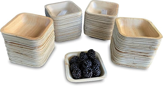 Raj Disposable Palm Leaf Bowls (100 Count, 4" Square Bowls) Strong Bowl Like Bamboo Party Bowl - Decorative Compostable Tableware for Lunch, Dinner, Birthday, Outdoor, BBQ, Picnic.