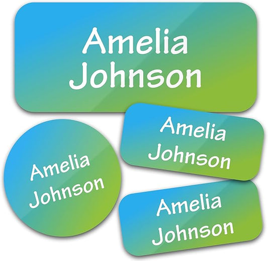 Personalized Daycare Name Labels for Kids (130 Labels) - Custom Waterproof Name Stickers for Clothing Tags, Water Bottles, Lunch Boxes and School Supplies (Gradient)