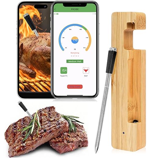 Wireless Meat Thermometer Digital, Long Range Bluetooth 5.2 with App Control, Compatible with iOS & Android, IP68 Waterproof, Fast Charging & Magnetic Smart Food Thermometer for Oven Grill BBQ Smoker