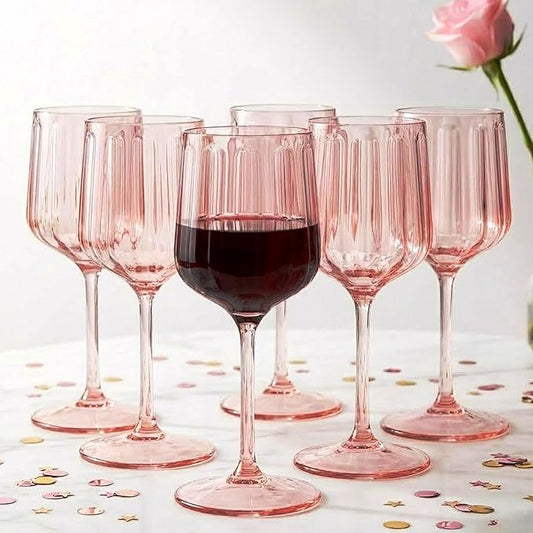 Khen Acrylic Lucia Stemmed Goblets - Unbreakable Wine Glasses Reusable Drinking Cups Dishwasher Safe Elegant Stemware for Cocktail Champagne | Kitchen Bar Party | Set of 6 |14oz | Pink