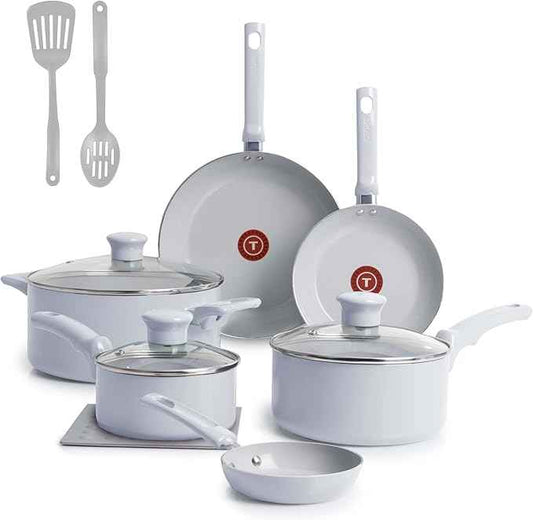 T-Fal Refresh Ceramic Nonstick Cookware Set, 12-Piece Nonstick Cookware, Oven Safe to 350°F, Stockpot, Griddle, Frying Pans, Utensils, Ceramic Pots and Pans Set, Blue