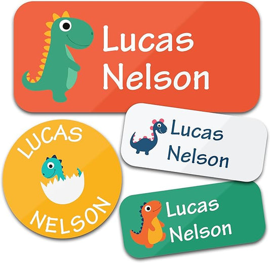 Personalized Daycare Name Labels for Kids (130 Labels) - Custom Waterproof Name Stickers for Clothing Tags, Water Bottles, Lunch Boxes and School Supplies (Dinosaurs)