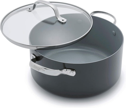 GreenPan Valencia Pro Hard Anodized Healthy Ceramic Nonstick 5QT Stock Pot with Lid, PFAS-Free, Induction, Dishwasher Safe, Oven Safe, Gray