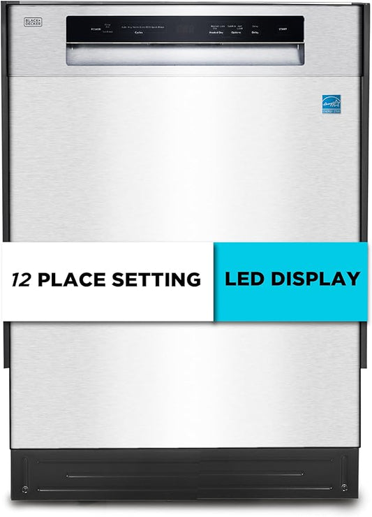 BLACK+DECKER 24" Built-In Dishwasher, 12-Place Setting Capacity with Stainless Steel Tub, Dish Washer with 5 Wash Programs and Smart Wash Cycle, ENERGY STAR Certified, BDW100MS, Stainless Steel