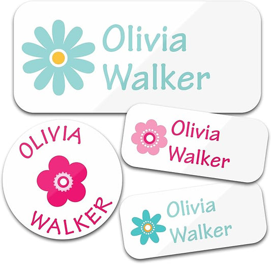 Personalized Daycare Name Labels for Kids (130 Labels) - Custom Waterproof Name Stickers for Clothing Tags, Water Bottles, Lunch Boxes and School Supplies (Flowers)