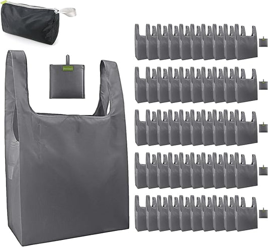 BeeGreen Grey Reusable Grocery Bags Wholesale Gray Reusable Kitchen Bags Bulk Foldable-Machine Washable with Zipper Storage Pouch 50 Packs