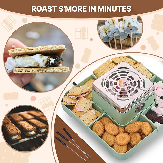 Electric Smores Maker - Indoor Smores Kit with 4 Detachable Trays, 4 Stainless Steel Forks - Flameless Smores Maker Tabletop Indoor Kit (Green)
