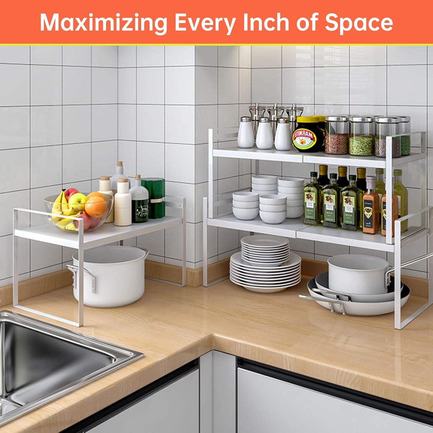 Adjustable Kitchen Shelf Organizer 9", (2 Pack) Heavy-Duty Cabinet Shelves for Countertop, Pantry & Microwave, Expandable Space-Saving Storage Rack with Non-Slip Pads, White