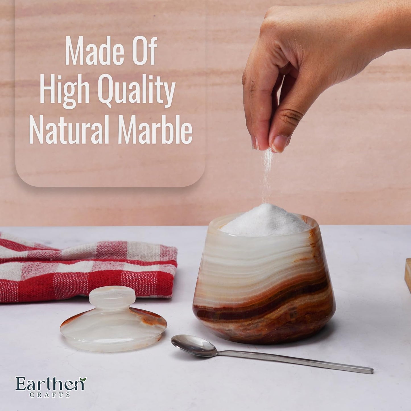 Marble Salt Cellar With Lid & Spoon 4 Inch Stone Salt Container, Seasoning Spice Jar Holder & Jewelry Storage, Salt Box For Kitchen Counter (White Onyx)