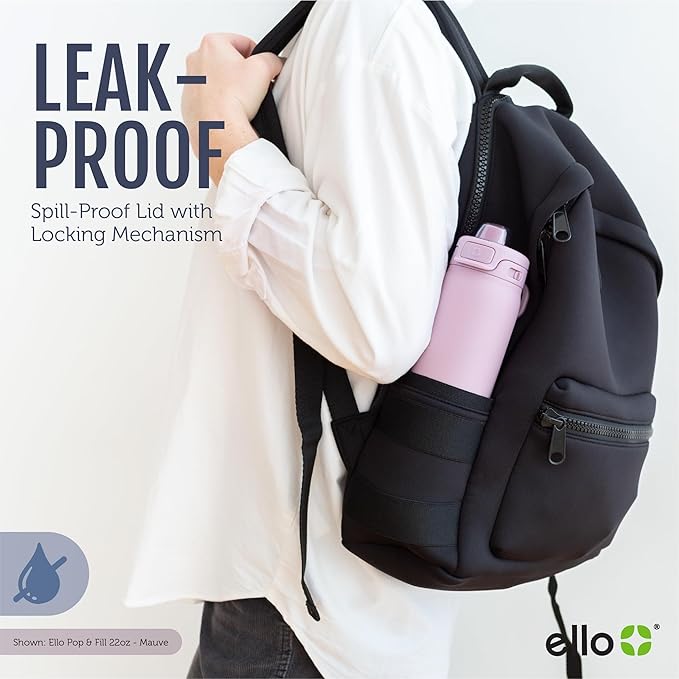 Ello Pop & Fill 40oz Stainless Steel Water Bottle with Quick Fill Technology, Double Walled and Vacuum Insulated Metal, Leak Proof Locking Lid, Sip and Chug, Reusable, BPA Free, Tonal Black