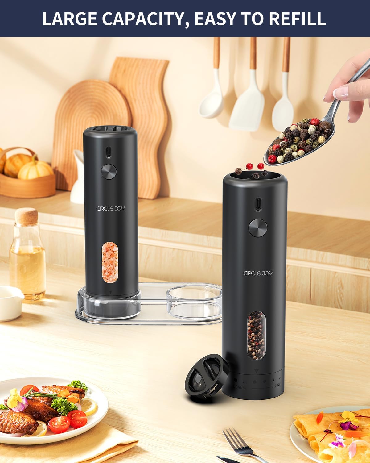 CIRCLE JOY Rechargeable Electric Salt and Pepper Grinder Set with Base, Automatic Pepper Mills with 110ml Container, External Adjustable Coarseness, White Led Light and One-Handed Operation, Black